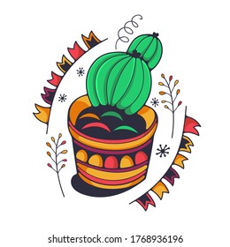 Doodle vector illustration with cactus to pot. Isolated on white background.