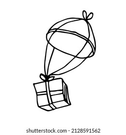 Doodle vector illustration of cargo dumping with humanitarian aid. A box with humanitarian aid with a parachute