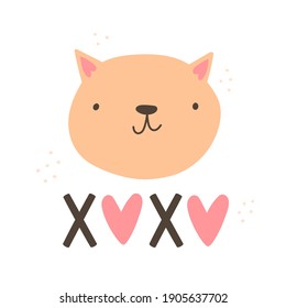 Doodle vector illustration with cat and hand drown text lettering xoxo. Love and kisses concept. Design for greeting card, banner, poster for Valentine's day. Cute kitten