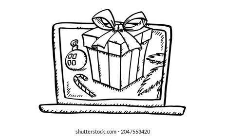 Doodle vector illustration of christmas gift on laptop screen. Black and white hand drawn illustration.