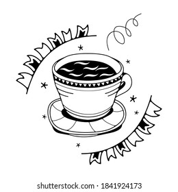 Doodle vector illustration with coffee cup. Isolated on white background.