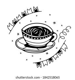 Doodle vector illustration with coffee cup. Isolated on white background. Cute doodle illustrations.