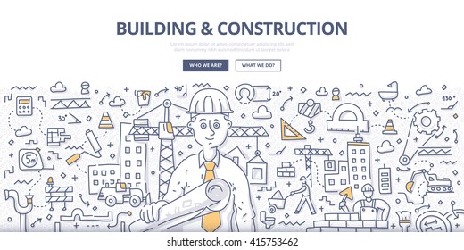 Doodle vector illustration of construction contractor with architectural plans in hand. Building and construction services concept for web banners, hero images, printed materials