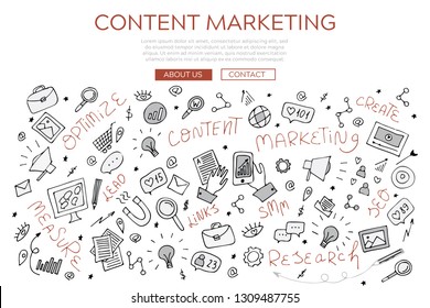 Doodle vector illustration of content marketing for landing page, website digital banner, eps10