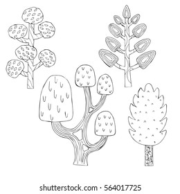 doodle vector illustration contour isolate black-and-white trees on white background