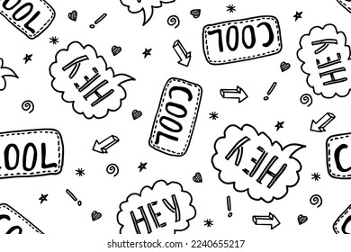 Doodle vector illustration of cool speech bubble and hey seamless pattern. Black outlined and white colored background.