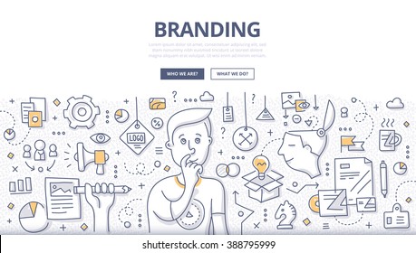 Doodle vector illustration of creating a unique name and image for a product in the consumers' mind. Concept of creating company identity for web banners, hero images, printed materials