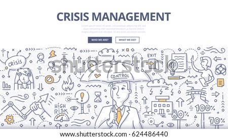 Doodle vector illustration of crisis manager with umbrella. Abstract concept of managing crisis, solving problems, handling emergency and dealing with negative event for web banners, printed materials