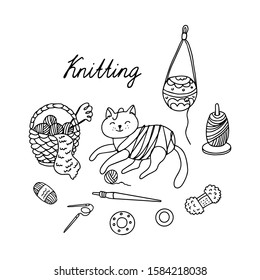 Doodle vector illustration of a cute cat playing with yarn, wicker basket with clews, knitting needles, yarns holders, spindle, a pompon maker. Knitting hobby concept. Isolated outline on white.