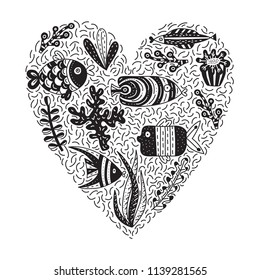 Doodle vector illustration with cute fishes and seaweeds. Background with lots of objects in heart shape