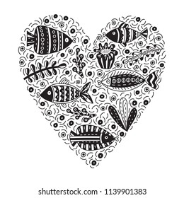 Doodle vector illustration with cute fishes and seaweeds. Background with lots of objects in heart shape