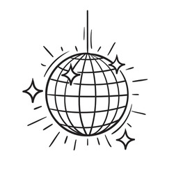 Doodle Vector Illustration of a Disco Ball in Cartoon Style. Isolated on white background. Perfect for party invitations, retro-themed designs, music events, and dance-inspired creative projects.