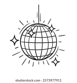 Doodle Vector Illustration of a Disco Ball in Cartoon Style. Isolated on white background. Perfect for party invitations, retro-themed designs, music events, and dance-inspired creative projects.