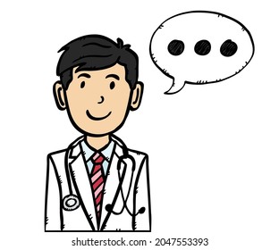 Doodle vector illustration of doctor with comic book talking cloud. Colorful hand drawn illustration. Isolated object on white background.