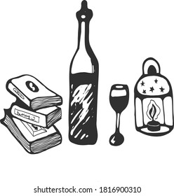 Doodle vector illustration of evening scene. Hand-drawn books, lamp, bottle of wine and glass.