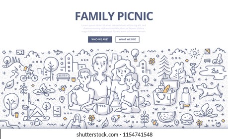 Ilustração vetorial Doodle de uma família fazendo piquenique no parque da cidade. Conceito de refeições ao ar livre e recreação para banners web, imagens de herói, materiais impressos