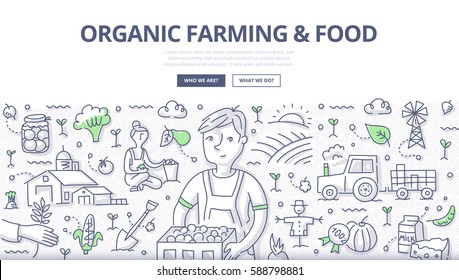 Doodle vector illustration of a farmer with a organic vegetable crop. Concept of organic farming and growing healthy food for web banners, hero images, printed materials