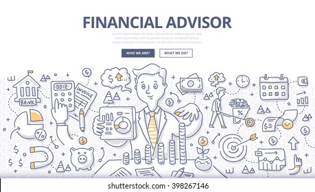 Doodle vector illustration of financial advisor giving advice on investment, saving money, managing money, planning ahead. Concept of financial consulting for web banner, hero images, printed material