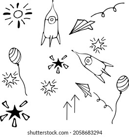 Doodle vector. Doodle illustration of the flight of a ball, rocket, paper airplane. Handmade style elements for design concept. 
