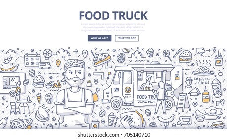 Doodle vector illustration of food truck business. Concept of street cuisine for web banners, hero images, printed materials