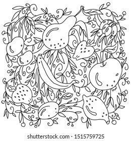 Doodle vector illustration with fruits on white background. Great for decoration of food packaging, posters or for coloring book
