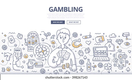 Doodle vector illustration of gambler playing poker cards. Concept of gambling, playing poker, online casino, roulette for web banners, hero images, printed materials