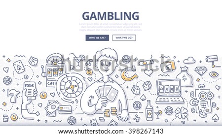Doodle vector illustration of gambler playing poker cards. Concept of gambling, playing poker, online casino, roulette for web banners, hero images, printed materials