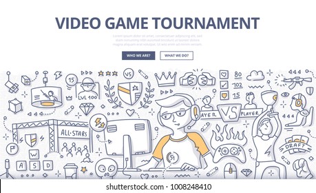 Doodle vector illustration of gamer participating in cyber game. Concept of video games tournament for web banners, hero images, printed materials