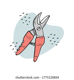 Doodle vector illustration with garden shears. The season of harvest. Subsistence farming.