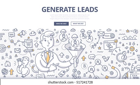 Doodle vector illustration of generating leads using channels as: e-mail, website, networking, social media, influencer marketing. Concept of getting leads flow to grow business