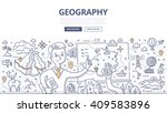 Doodle vector illustration of geography teacher explaining the subject near blackboard. Education concept of geography and exploration for web banners, hero images, printed materials