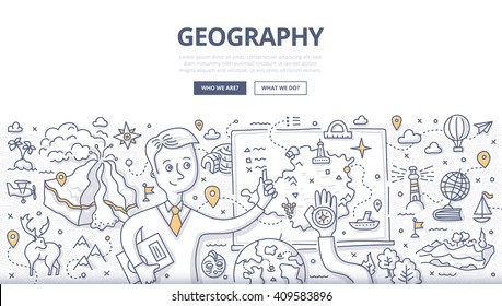 Doodle Vector Illustration Of Geography Teacher Explaining The Subject Near Blackboard. Education Concept Of Geography And Exploration For Web Banners, Hero Images, Printed Materials