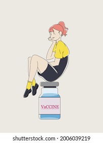 Doodle vector illustration. The girl who was vaccinated. Vaccination concept. Hand drawing of a girl in cartoon style. Design for graphics, banner, stickers, flyer, posters and other creative uses.