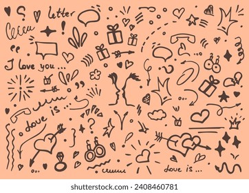 Ilustración del vector Doodle - detalles de amor y corazones dibujados a mano. conjunto de adorable y divertida ilustración vectorial de doodle para la decoración en fondo de melocotón con letras. objetos de elementos e iconos