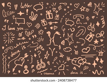 Doodle vector illustration - hand drawn sketchy love and hearts details. set of cute funny doodle vector illustration for decoration on brown background with lettering. elements objects and icons