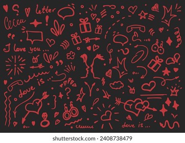 Doodle vector illustration - hand drawn sketchy love and hearts details. set of cute funny doodle vector illustration for decoration on black background with lettering. elements objects and icons