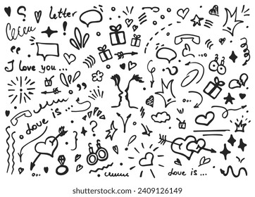 Doodle vector illustration - hand drawn sketchy love and hearts details. set of cute funny doodle vector illustration for decoration on white background with lettering. elements objects and icons