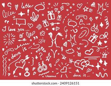 Doodle vector illustration - hand drawn sketchy love and hearts details. set of cute funny doodle vector illustration for decoration on red background with lettering. elements objects and icons