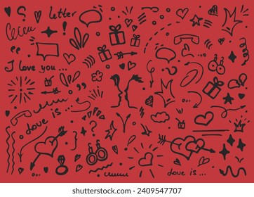 Doodle Vektorgrafik - handgezeichnete Liebe und Herzdetails. süße, komische, doodle Vektorgrafik für die Dekoration auf rotem Hintergrund mit Schrift. Elemente-Objekte und Symbole