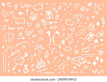 Doodle vector illustration - hand drawn sketchy love and hearts details. set of cute funny doodle vector illustration for decoration on peach fuzz background with lettering. elements objects and icons