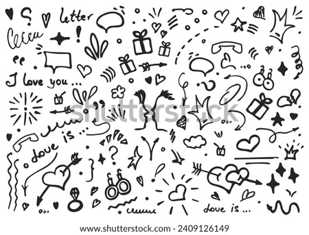 Doodle vector illustration - hand drawn sketchy love and hearts details. set of cute funny doodle vector illustration for decoration on white background with lettering. elements objects and icons