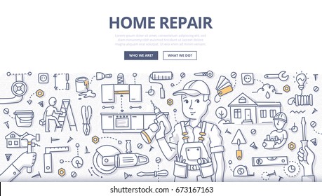Doodle vector illustration of a handyman with screwdriver in hand surrounded with construction tools & elements. Concept of home repair & renovation for web banners, hero images, printed materials
