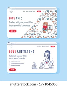 Doodle vector illustration with happy kids studying Fine Arts and Chemistry. Website template for education online on white background. 