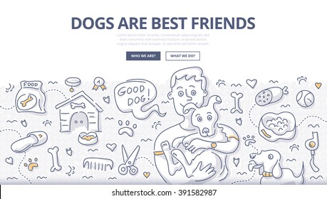 Doodle vector illustration of happy man holding dog in hands. Dogs caring concept for web banners, hero images, printed materials