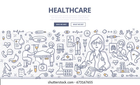 Doodle vector illustration of a healthcare system & medical organization. Concept of health care diagnosis, treatment and surgery for web banners, hero images, printed materials