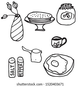 Doodle vector illustration. Icons for breakfast, ornament. Colored elements for logo, label, menu, cafe shop. Flat hand drawn items.