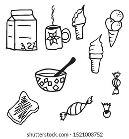 Doodle vector illustration. Icons for breakfast, ornament. Colored elements for logo, label, menu, cafe shop. Flat hand drawn items.
