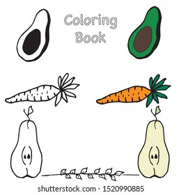 Doodle vector illustration. Icons or elements fruits. Can use in coloring book, for logo, label, menu, cafe shop. Flat hand drawn items. 

