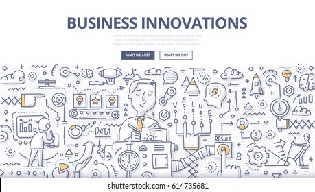 Doodle vector illustration of implementing ideas, making better services & products, creating value for customers, improving business technologies and processes . Business innovations concept