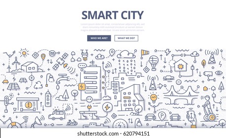 Doodle vector illustration of integrating information and communication technologies into city infrastructure. Smart city concept for web banners, hero images, printed materials